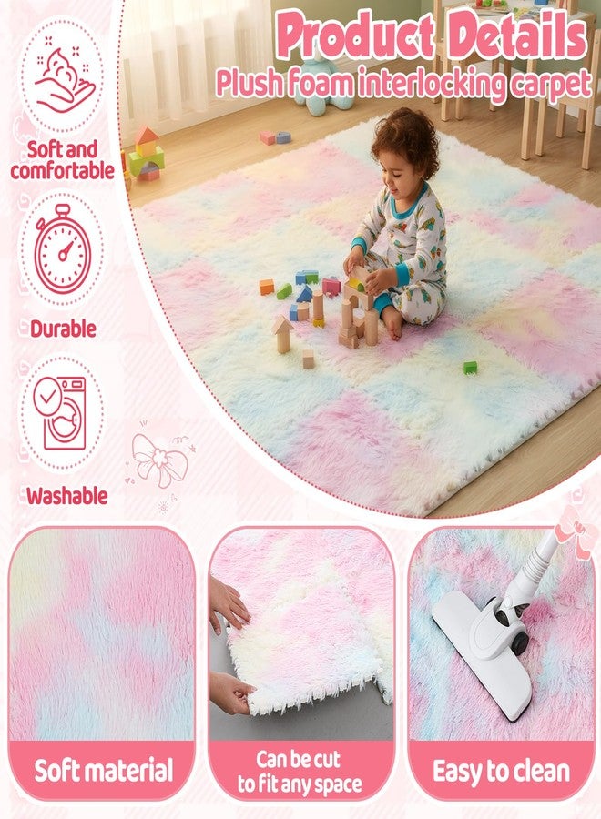 Maasechs 16 Pcs Pastel Shaggy Unicorn Princess Plush Puzzle Foam Floor Mat, 11.8 x 11.8 Inch Soft Interlocking Carpet Tiles, Colorful Shaggy Play Mat for Play Room, Nursery, Dorm Decor - Image 3